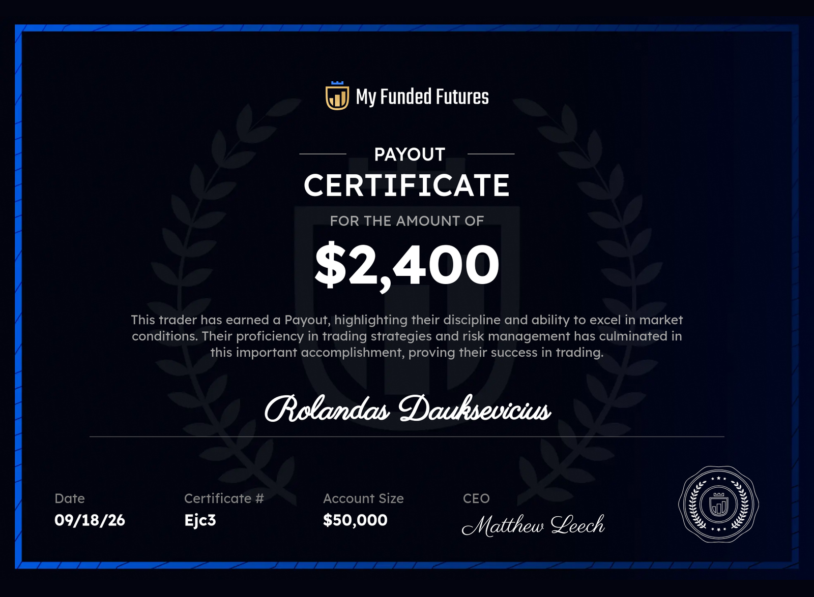 Oficialus My Funded Futures payout sertifikatas: 2 400 USD, 2026-09-18.